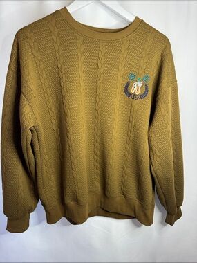 Men's Cable-Knit Crewneck Sweater in Mustard with Embroidered Crest medium